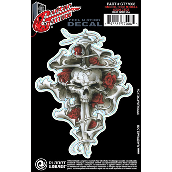 Planet Waves Guitar Tattoo, Dagger Rose Skull GT77008